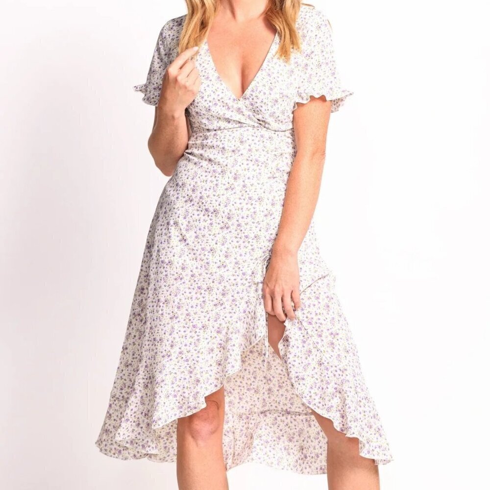 Pink Martini Riley Floral White Midi Dress Ruffle Trim sz XL Summer Date night